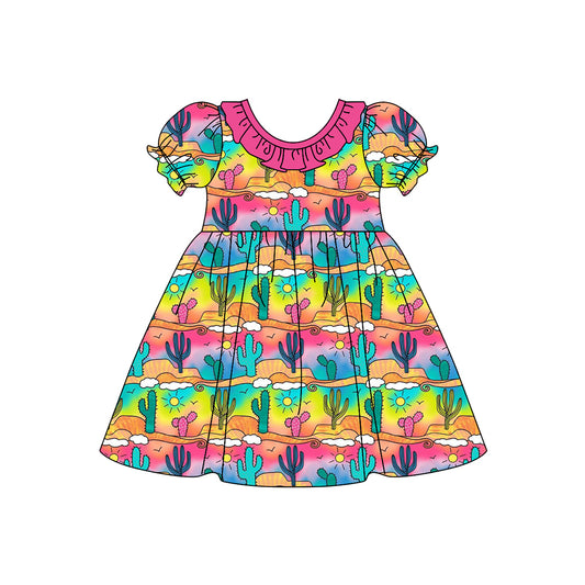 Girls Baby Kids Western Colorful Cactus Ruffle Dresses Clothing preorder(MOQ 5)