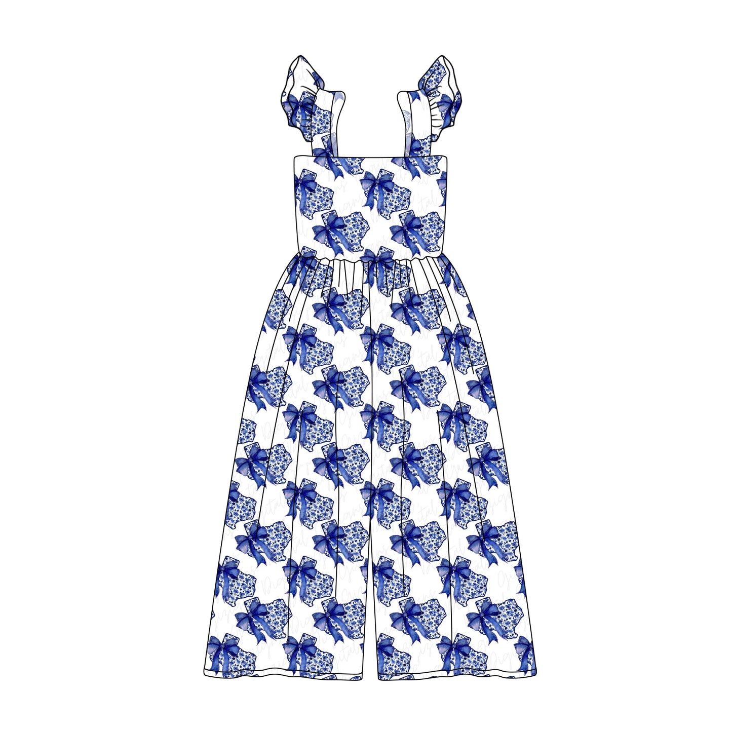 Preorder (moq 5)Baby Girls Flutter Sleeves Blue Bows Saddles Bell Bottom Jumpsuits