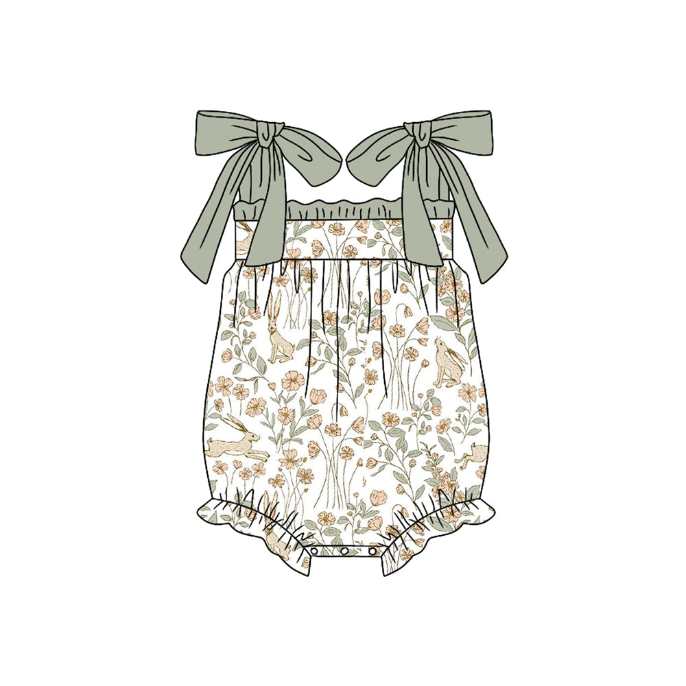 Preorder(moq 5)Baby Infant Girls Easter Rabbits Flowers Straps Rompers