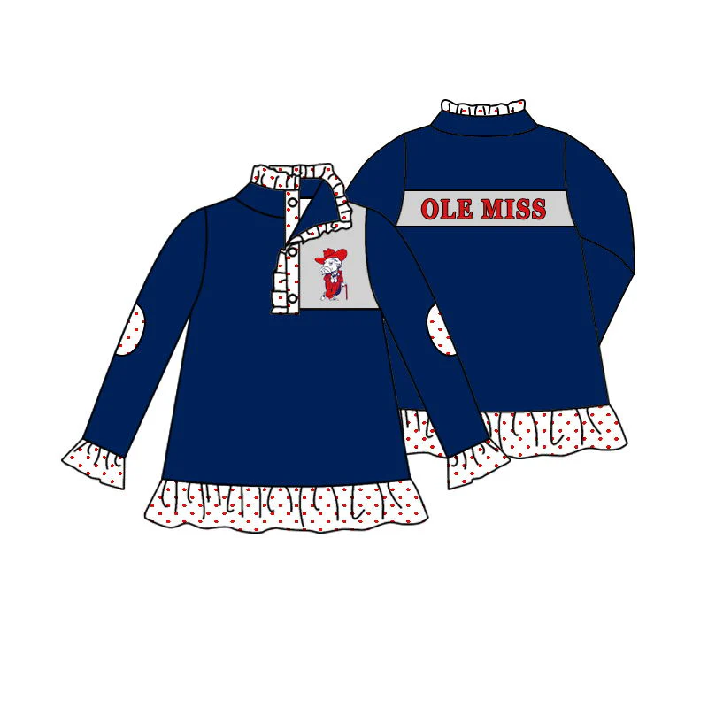 Preorder(moq 5)Baby Girls Navy Long Sleeves Ole Miss Team Pullovers Tops