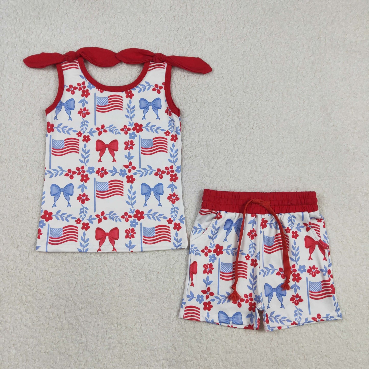 Baby Girls Red Blue Flowers Flags Top Pockets Short 4th of July Clothes Sets