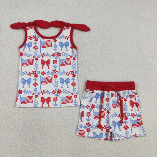 Baby Girls Red Blue Flowers Flags Top Pockets Short 4th of July Clothes Sets