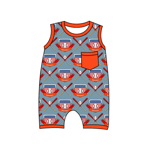 Preorder(moq 5)Baby Infant Boys Gray Sleeveless Baseballs Pocket Top Summer Rompers