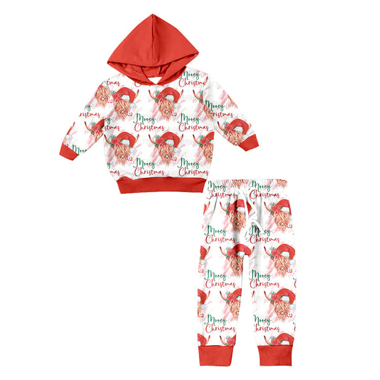 Baby Kids Christmas Highland Cow Hooded Top Pants Clothes Sets Preorder(moq 5)