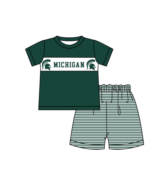 Preorder (moq 5)Baby Boys Green Short Sleeve Michigan Top Stripe Short Team Clothes Sets