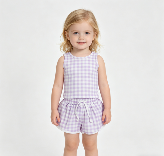 Baby Girls Lavender Checked Vests Top Butterfly Short Yoga Active Clothes Set