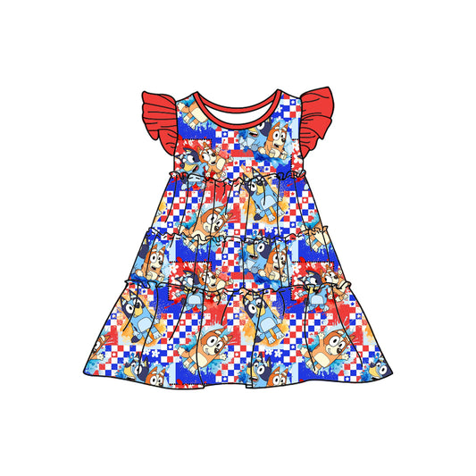 Baby Girls 4th Of July Dogs Flutter Sleeve Knee Length Dresses preorder (moq 5)