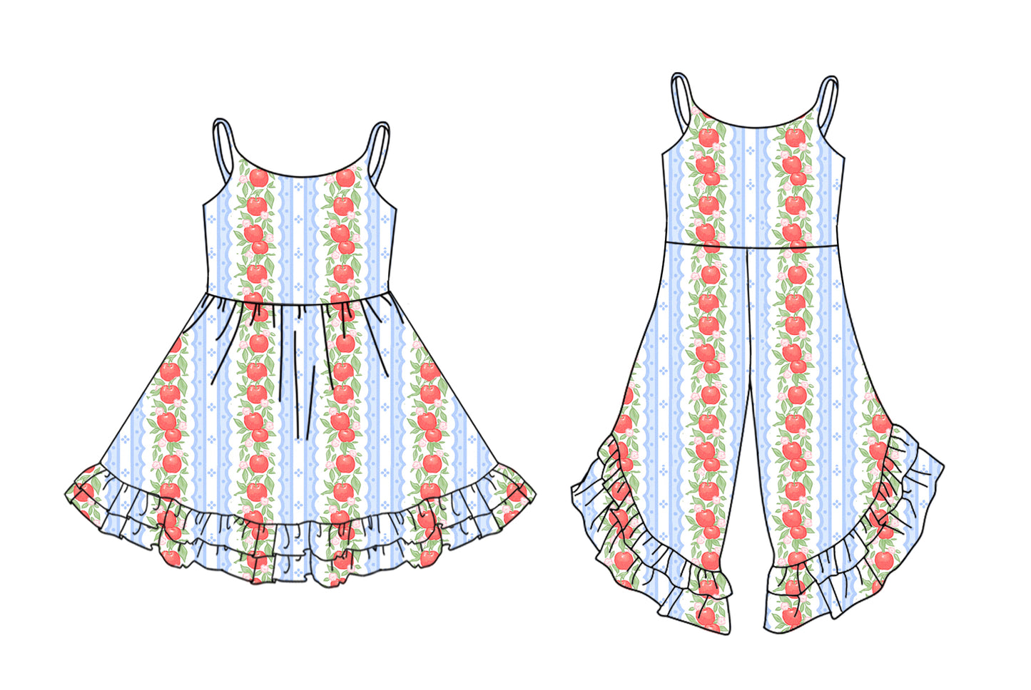 Preorder moq 5 Custom Baby Boys Strap Apples Stripe Ruffle Jumpsuits Knee Length Dress