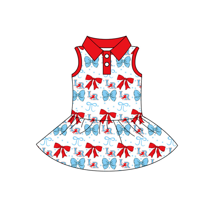 Preorder (moq 5)Baby Girls LR Red Blue Sleeveless Bows Button Team Knee Length Dresses