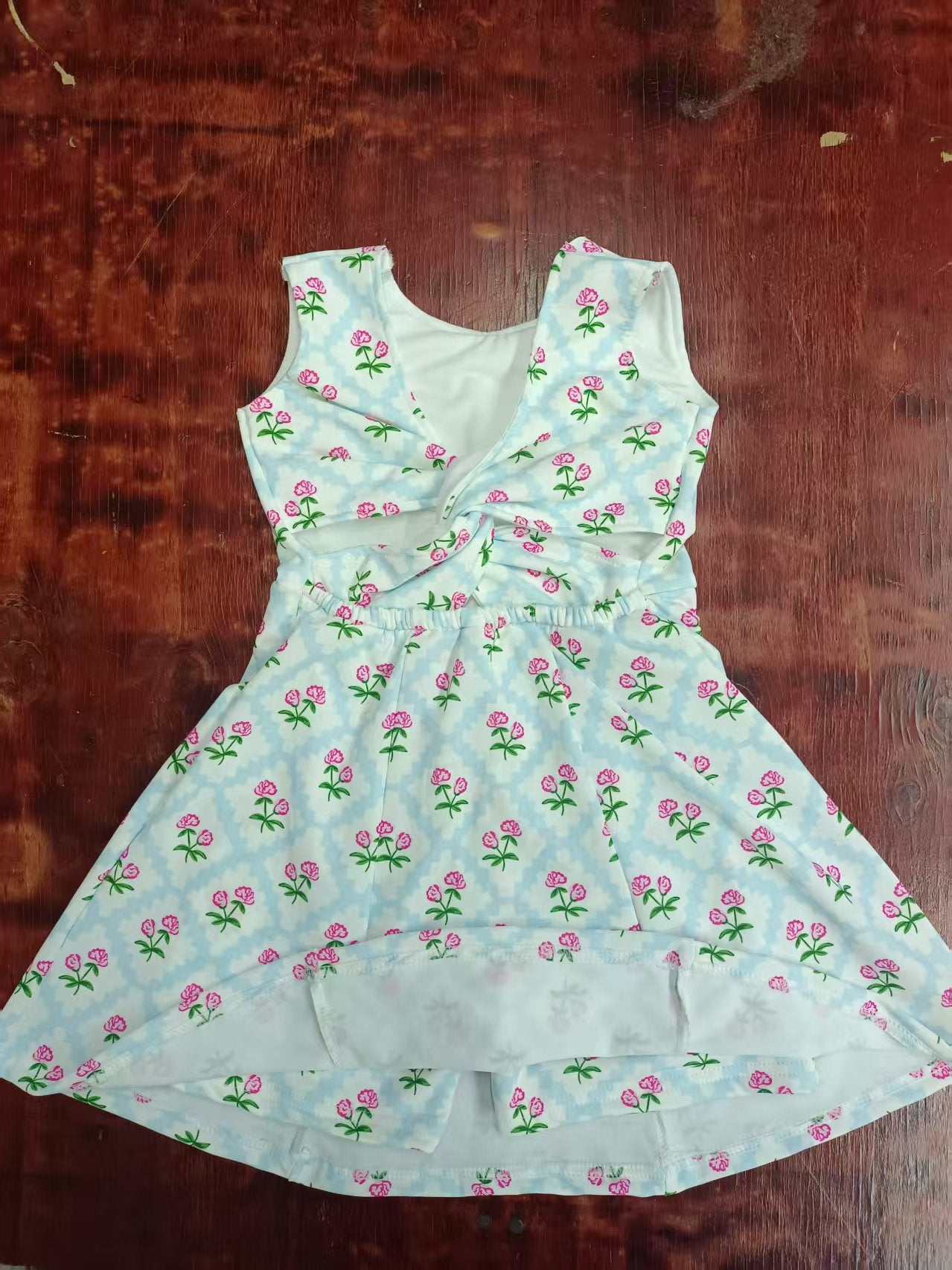 Preorder moq 5 Baby Girls Blue Sleeveless Floral Plaid Skort Knee Length Dresses