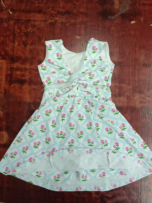 Preorder moq 5 Baby Girls Blue Sleeveless Floral Plaid Skort Knee Length Dresses