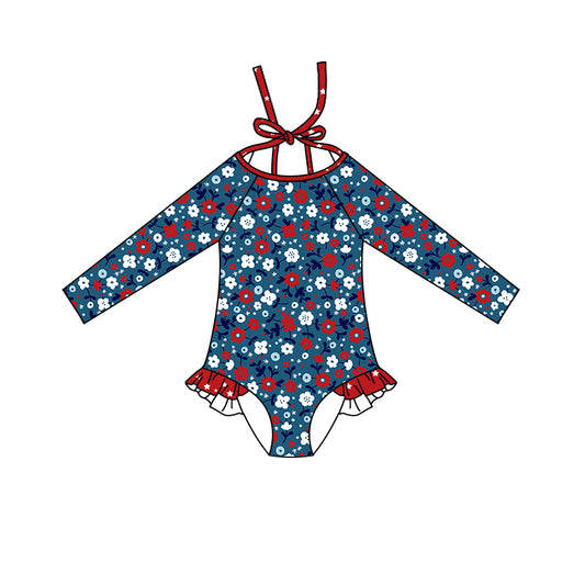 Preorder (moq 5)Baby Girls 4th Of July Small Flowers One Piece Swimsuits