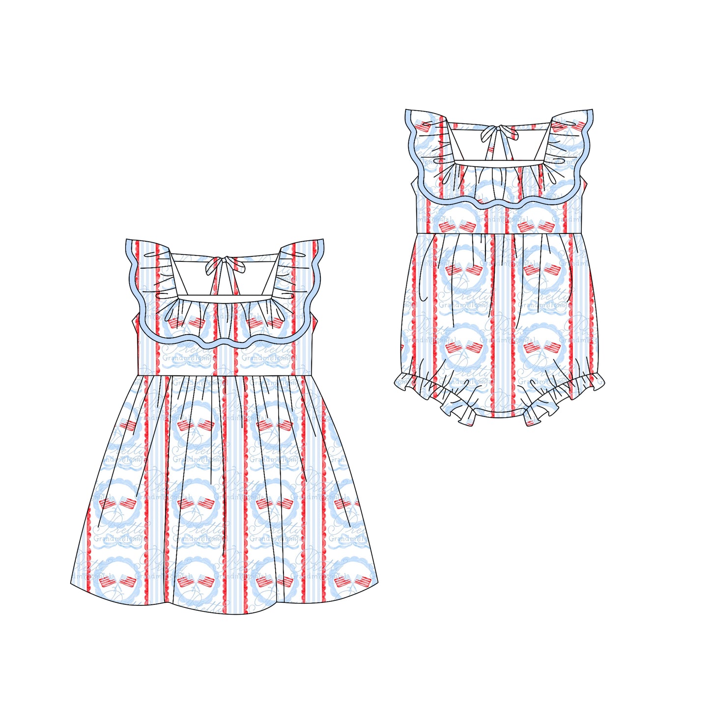 Preorder moq 5 Custom Baby Girls Flags Stripe 4th Of July Knee Length Dress Rompers