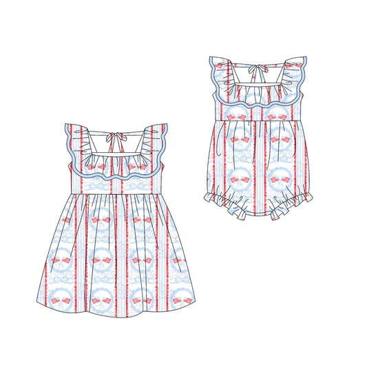 Preorder moq 5 Custom Baby Girls Flags Stripe 4th Of July Knee Length Dress Rompers