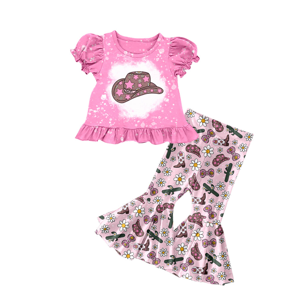 Baby Girls Hats Western Top Flowers Bell Pants Clothes Sets Preorder(moq 5)