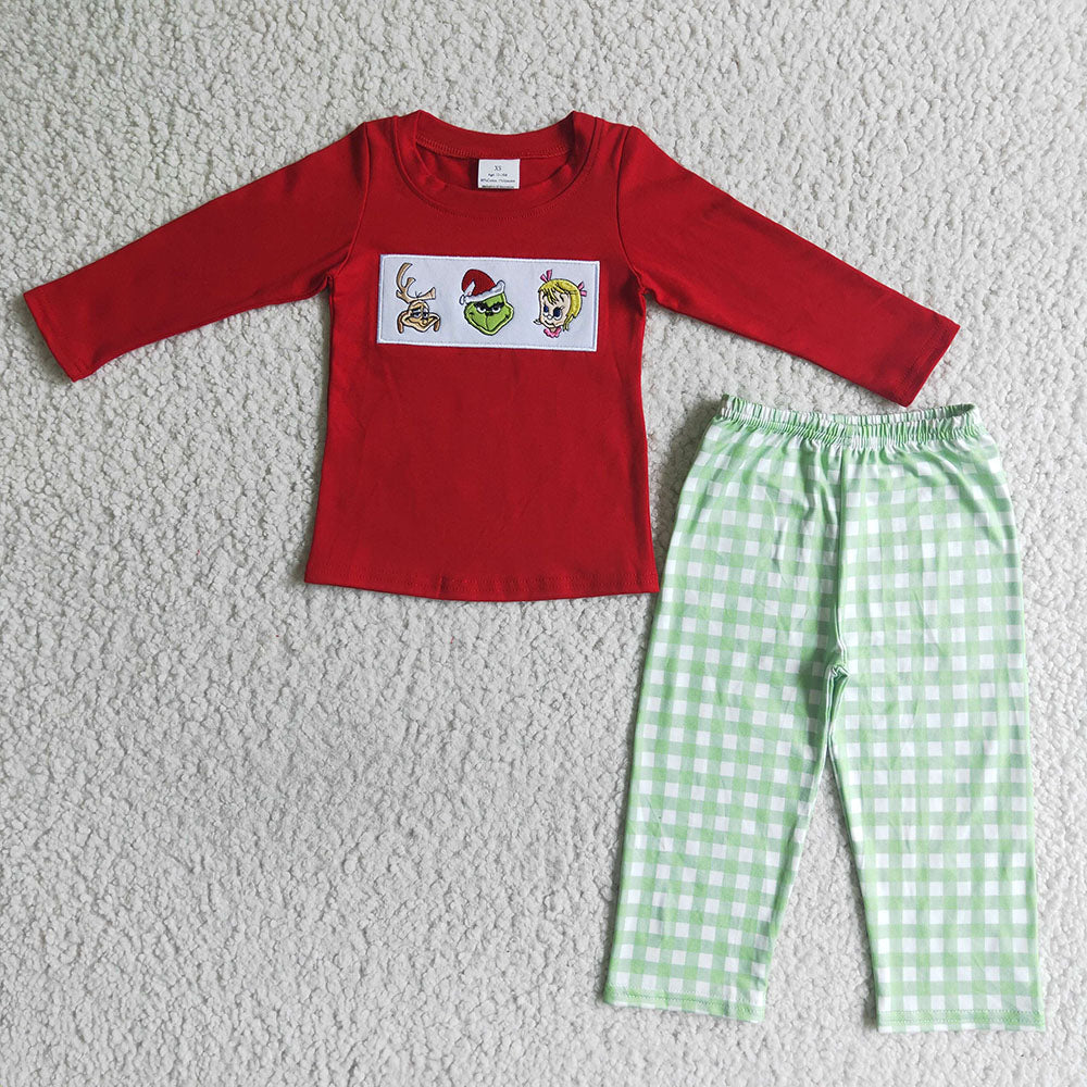 Sibling Baby Boys Girls Embroidery Green Checked Green Face Christmas Clothes Sets Rompers Knee Length Dresses