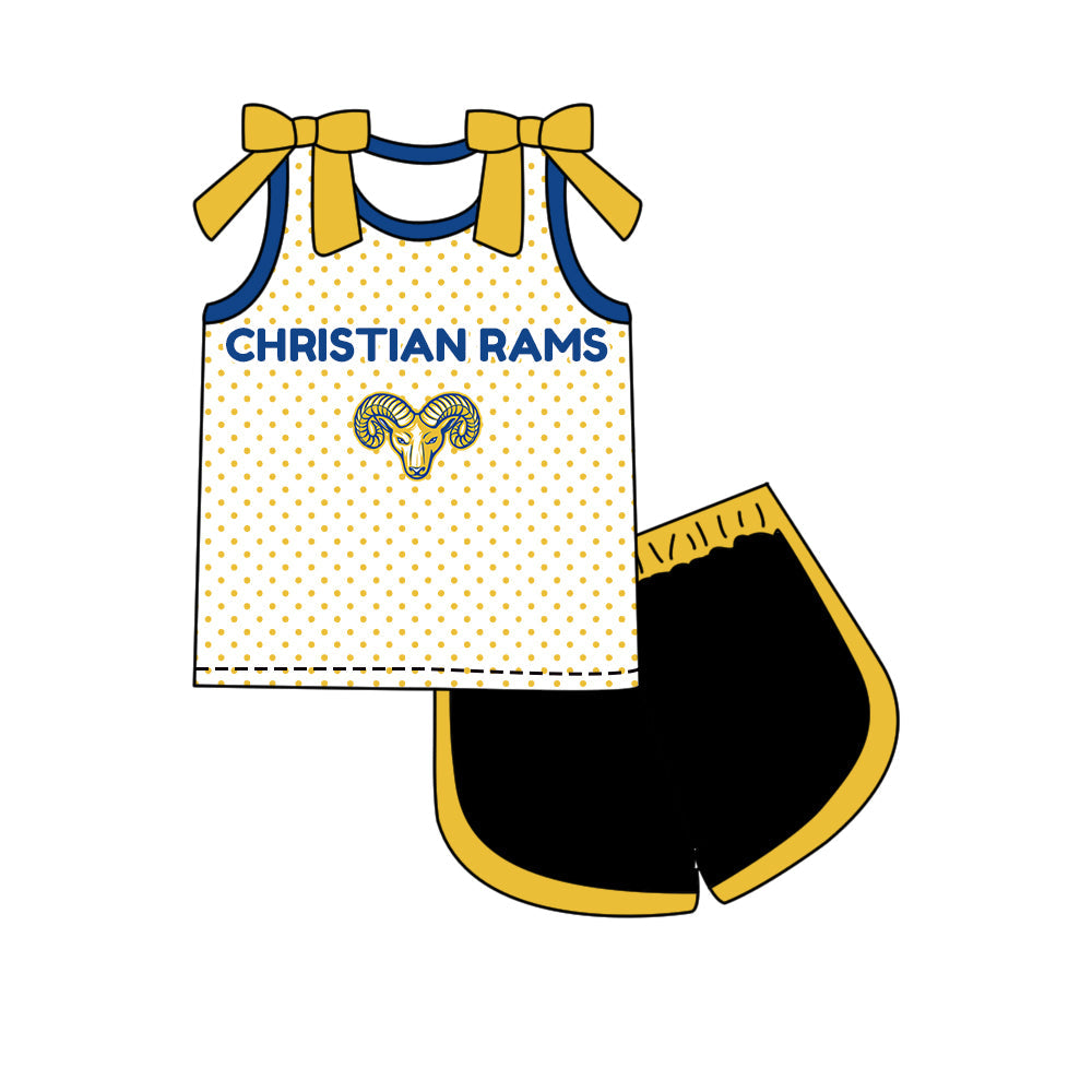 Preorder (moq 5)Baby Girls Bows Christian Rams Polka Dots Top Short Team Clothes Set