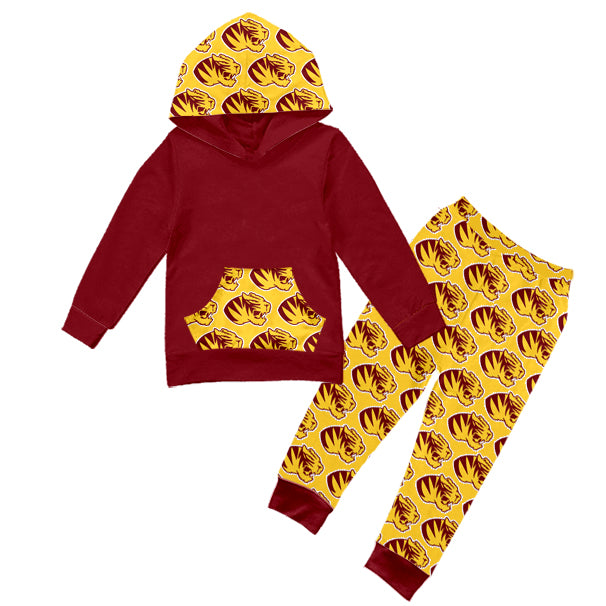 Preorder (moq 5)Baby Boys Dark Red Pocket Hoodie Leopards Legging Pant Team Clothes Sets