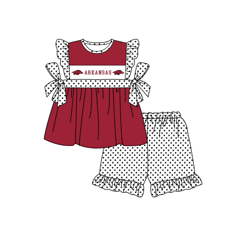 Preorder (moq 5)Baby Girls Red Arkansas Tunic Polka Dots Ruffle Shorts Team Clothes Sets