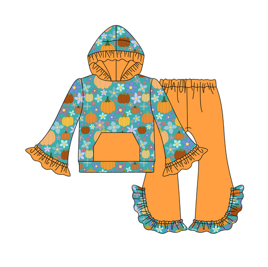 Baby Girls Fall Orange Pumpkin Flowers Hooded Top Ruffle Pants Clothes Sets Preorder(moq 5)