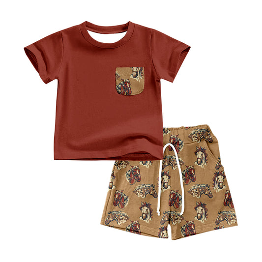 Baby Girls Brown Horse Western Shirts Shorts Clothes Sets preorder(moq 5)