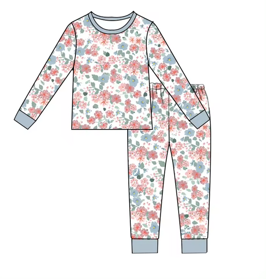 Baby Girls Blue Flowers Long Sleeve Shirt Pants Pajamas Clothes Sets Preorder(moq 5)