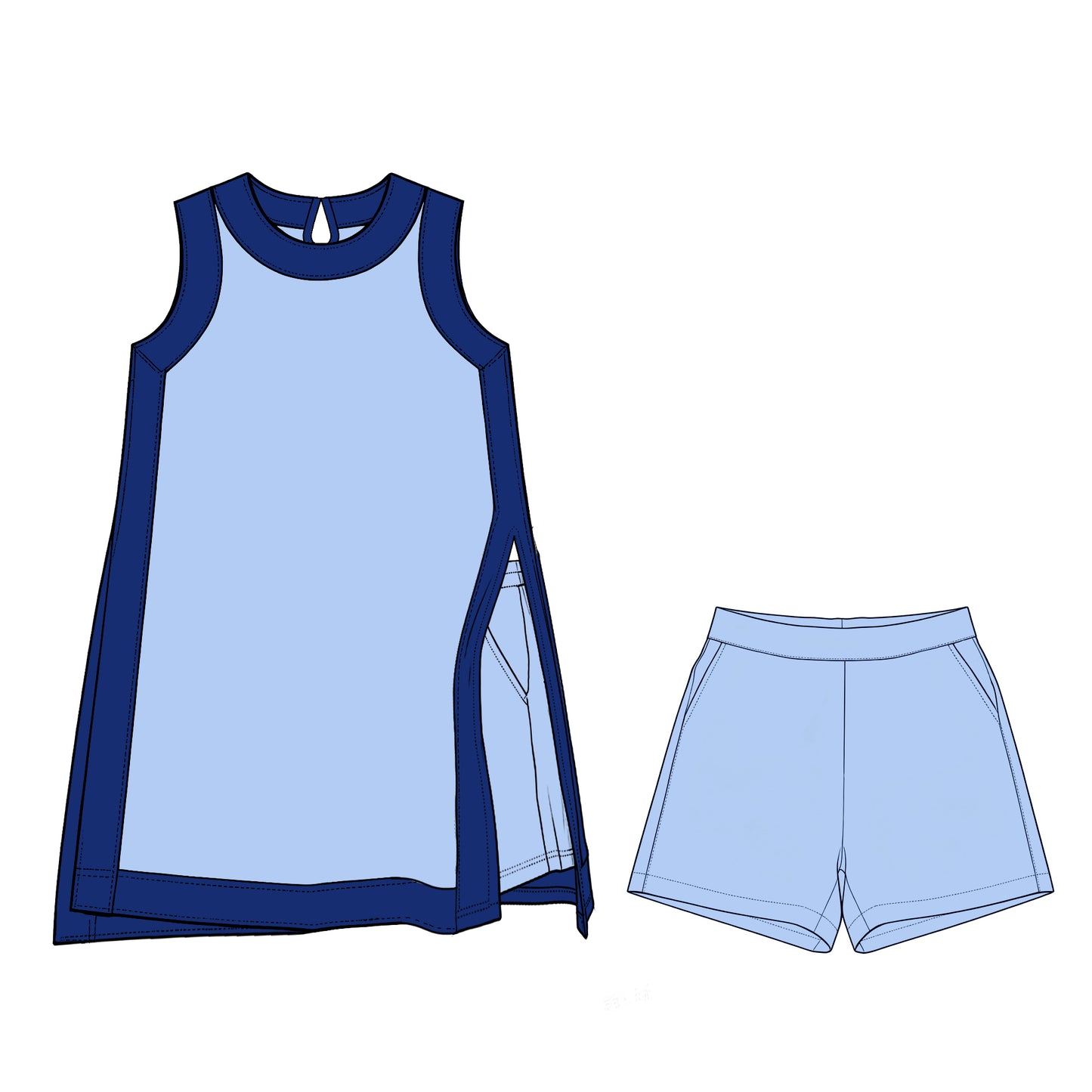Preorder (moq 5)Adult Women Sleeveless Navy Blue Split Skirt Pockets Short Clothes Sets