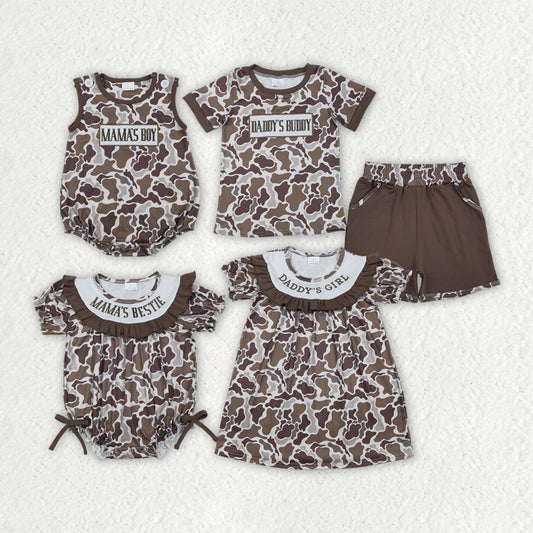 Sibling Embroidery Mama's Boy Girl Brown Camo Shorts Clothes Set Dress Rompers