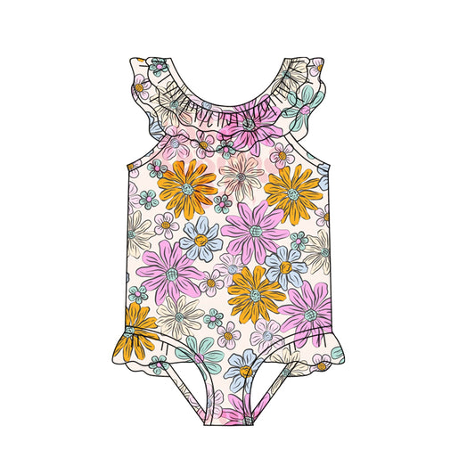 Baby Girls Beach Purple Flowers Ruffles One Piece Swimsuits preorder(moq 5)