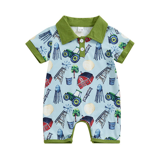 Baby Infant Boys Western Farm House Buttons Short Sleeve Rompers preorder(moq 5)