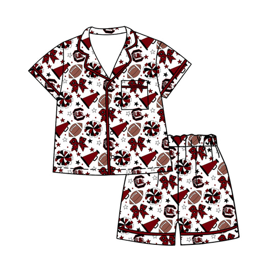 Preorder (moq 5)Baby Girls Footballs Bows Button Pocket Top Short Team Clothes Sets