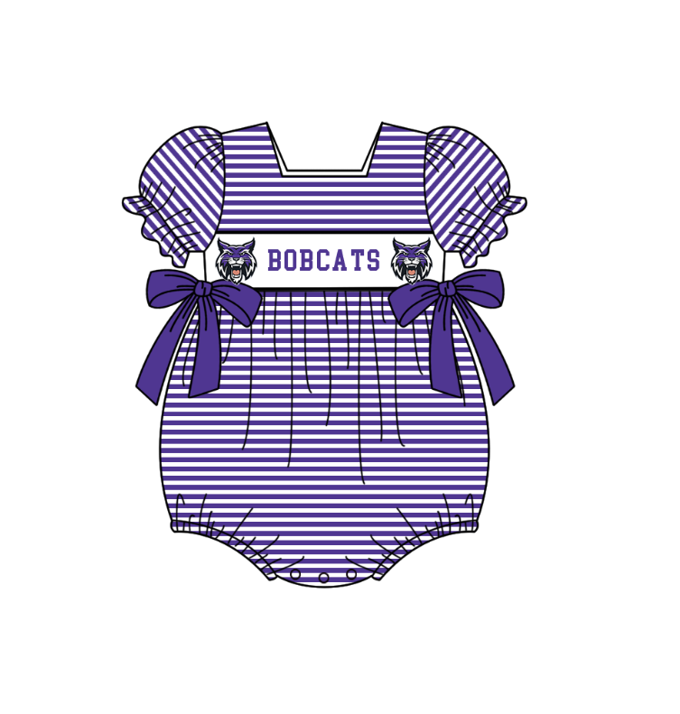 Preorder (moq 5)Baby Girls Short Sleeve Purple Stripe Bobcats Team Ruffle Rompers