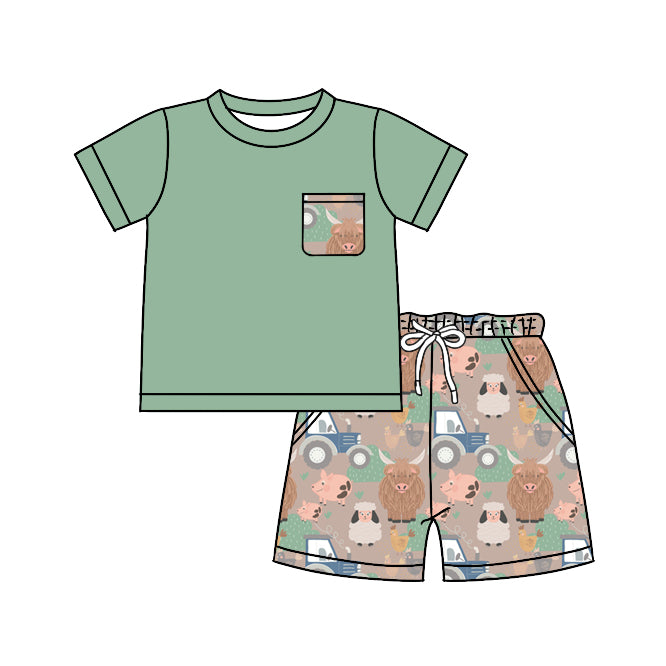 Baby Boys Farm Highland Cow Pocket Short Sleeve Top Shorts Clothes Sets preorder (moq 5)