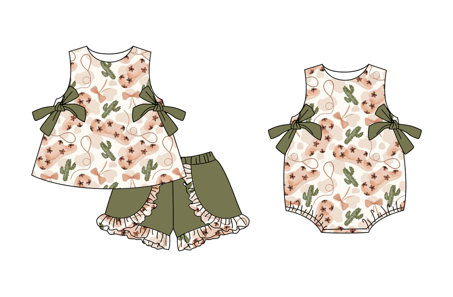 Preorder moq 5 Custom Baby Girls Sleeveless Hats Cactus Bows Tunic Olive Ruffle Short Set Rompers