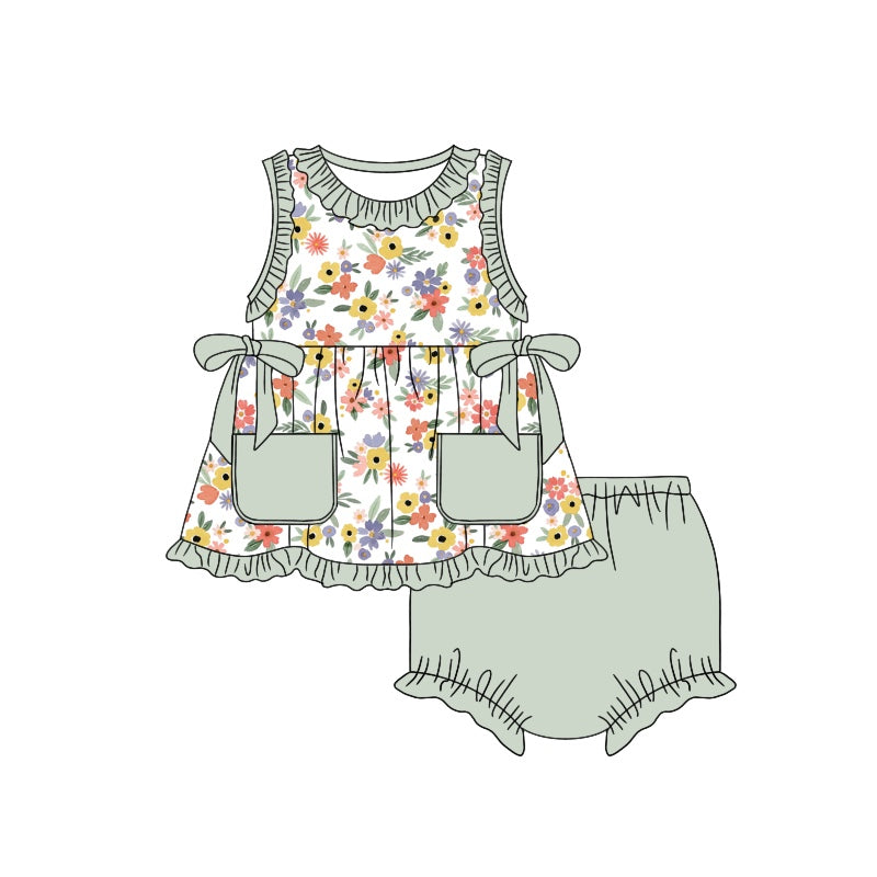 Baby Girls Toddler Green Pockets Flowers Bows Tunic Top Bummie Sets preorder(moq 5)