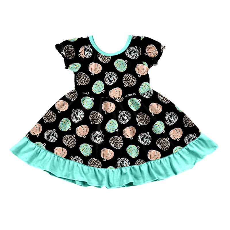 Baby Girls Pumpkin Leopard Turquoise Ruffle Knee Length Dresses preorder(moq 5)