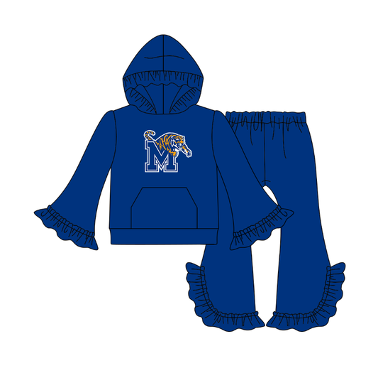 Preorder(moq 5)Baby Girls Blue M Tigers Pocket Hoodie Bell Bottom Pants Team Clothes Sets