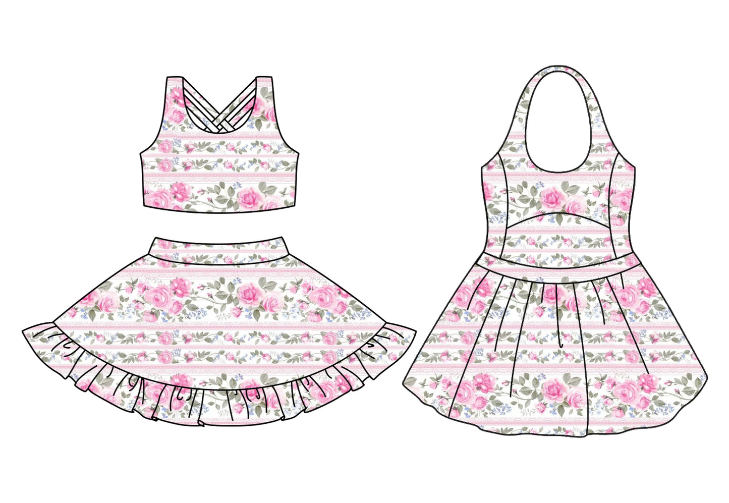 Preorder moq 5 Custom Baby Girls Pink Strap Floral Top Ruffle Skirts Set Knee Length Dresses