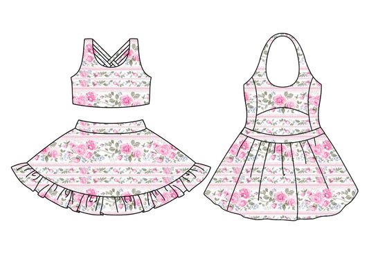 Preorder moq 5 Custom Baby Girls Pink Strap Floral Top Ruffle Skirts Set Knee Length Dresses