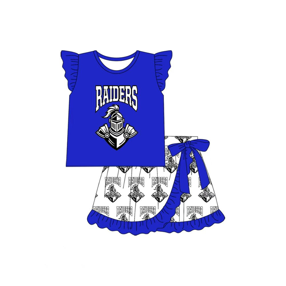 Preorder (moq 5)Baby Girls Hot Blue Raiders Top Ruffle Skorts Team Clothes Sets