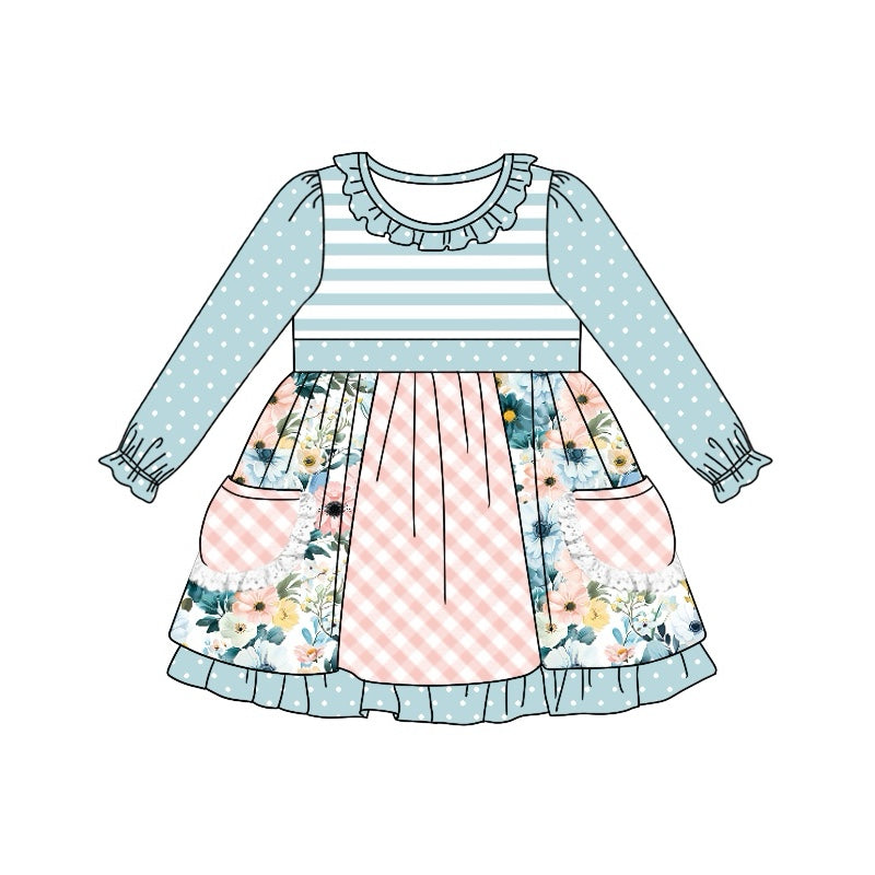 Baby Girls Blue Stripes Flowers Pockets Knee Length Dresses preorder(MOQ 5)