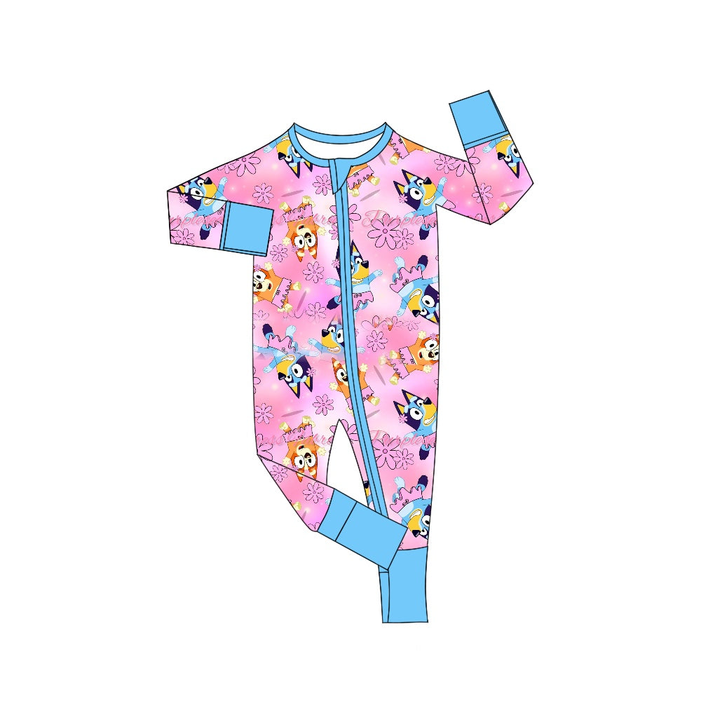 Baby Infant Girls Pink Dogs Flowers Zip Rompers preorder