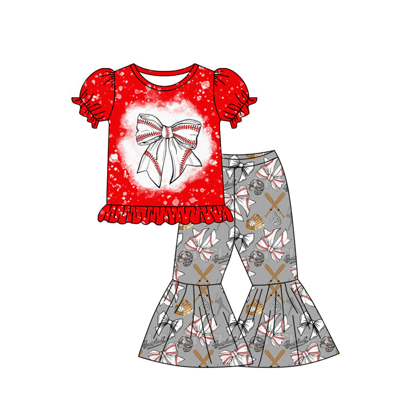 Preorder (moq 5)Baby Girls Baseball Bows Shirt Bell Pants Outfits Clothes Sets