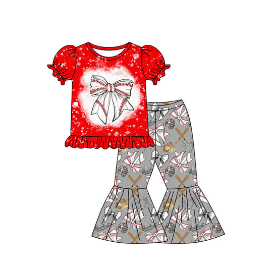 Preorder (moq 5)Baby Girls Baseball Bows Shirt Bell Pants Outfits Clothes Sets