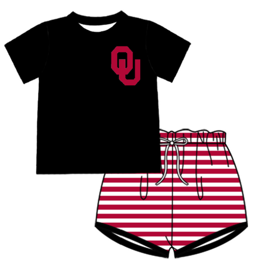 Preorder (moq 5)Baby Boys Black OU Top Red Stripe Shorts Team Clothes Sets
