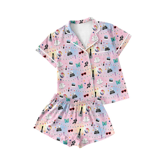 Preorder(moq 5)Adult Women Pink Singer Butterfly Buttons Tee Shirts Shorts Pajamas Sets