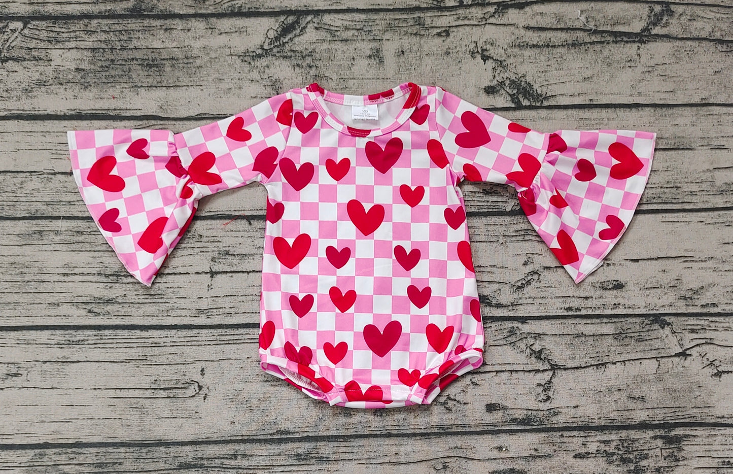 Baby Infant Girls Pink Checkered Valentine Long Sleeve Rompers