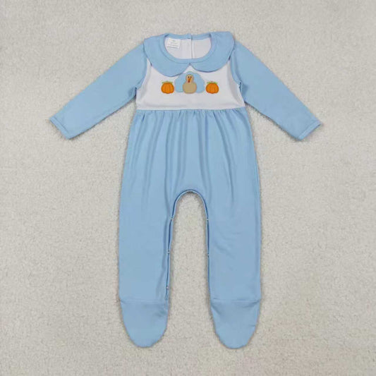 Sibling Embroidery Pumpkins Turkey Baby Infant Thanksgiving Fall Footed Rompers