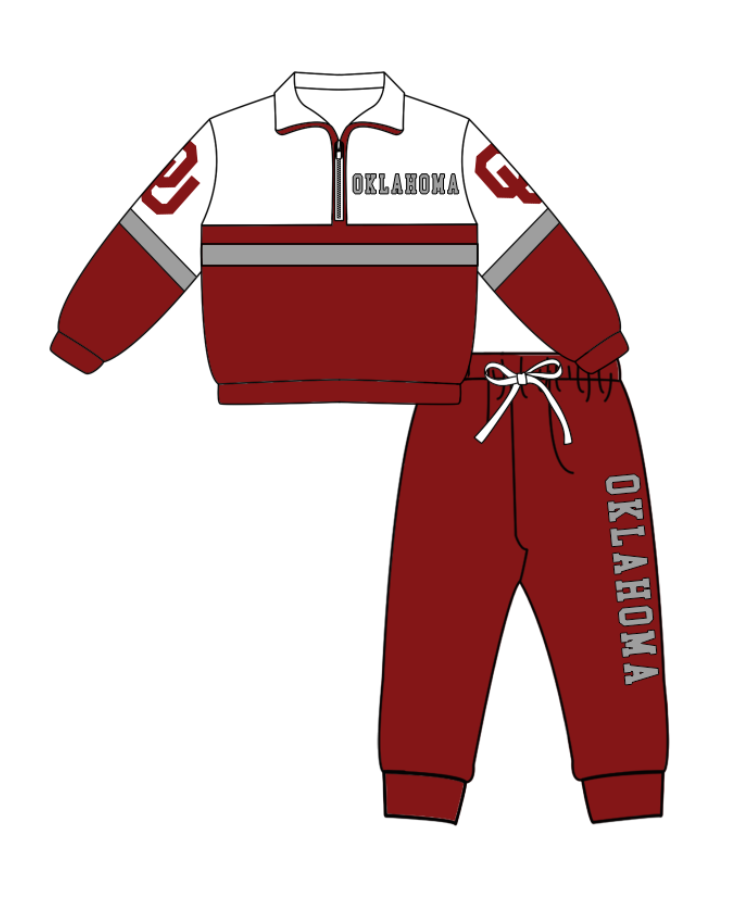 Preorder (moq 5)Baby Boys Red Oklahoma Zipper Pullover Jogger Pants Team Clothes Set