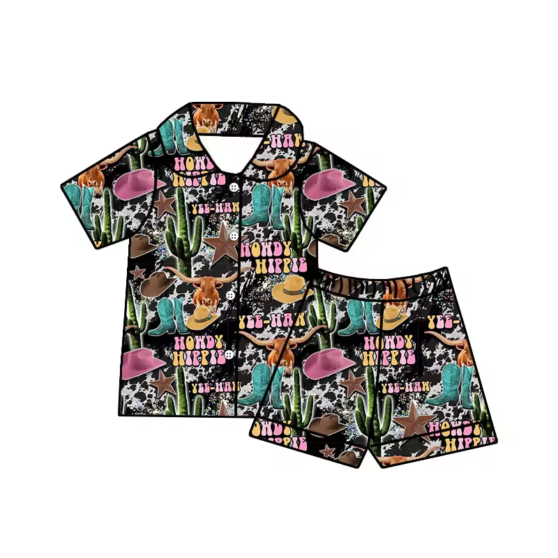 Baby Girls Western Howdy Cactus Buttons Shirt Shorts Pajamas Clothing Sets Preorder(moq 5)